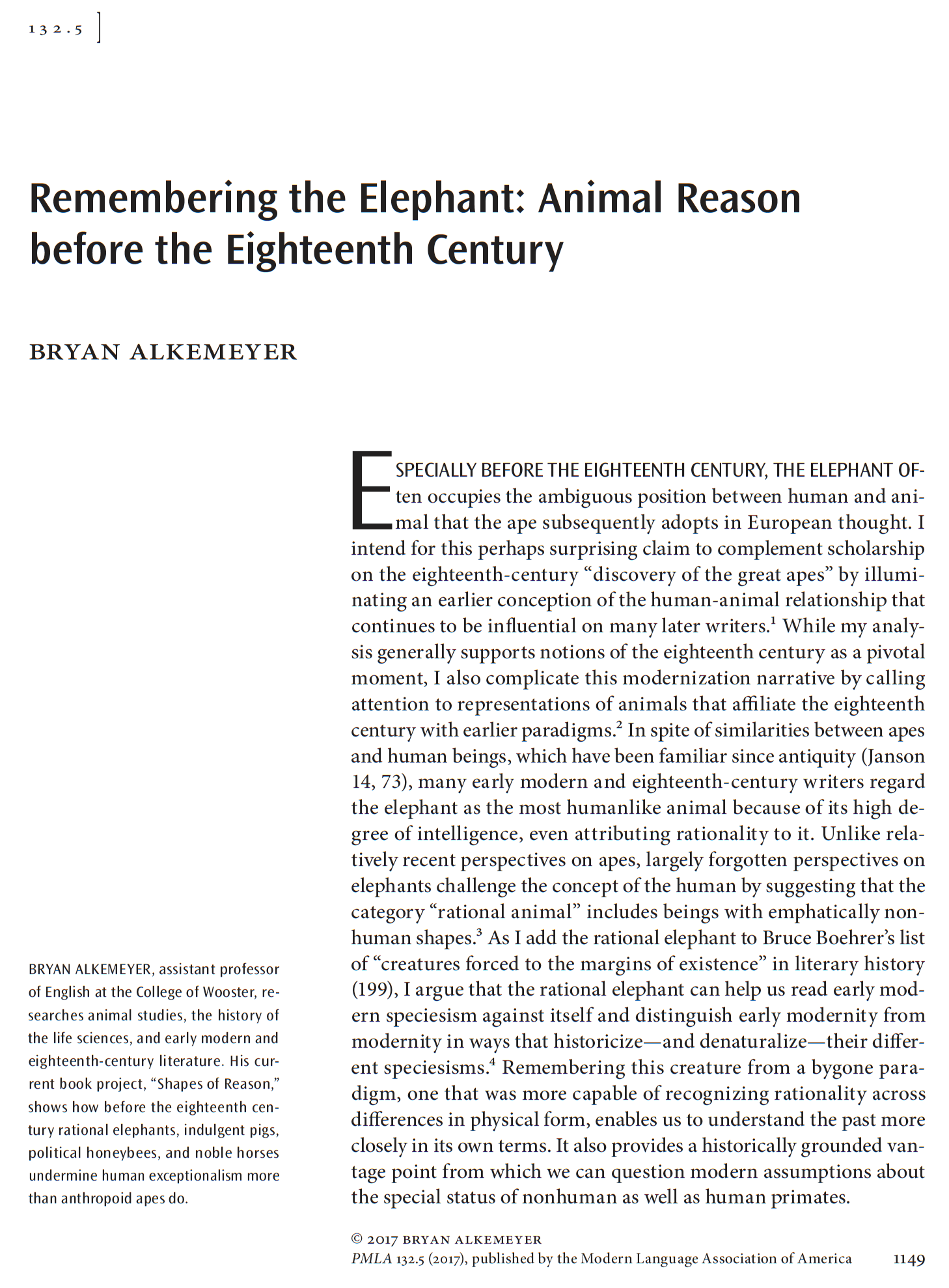 first page of Remembering the Elephant: Animal Reason before the Eighteenth Century