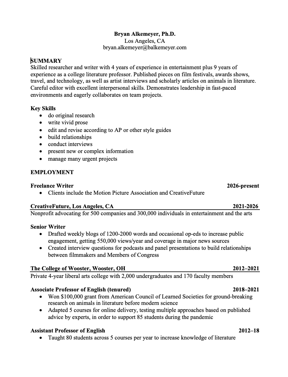first page of CV